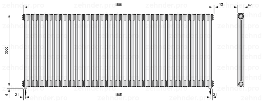 Схема (чертеж) Радиатор Zehnder Charleston 2300/41 №3570 Белый глянцевый RAL 9016